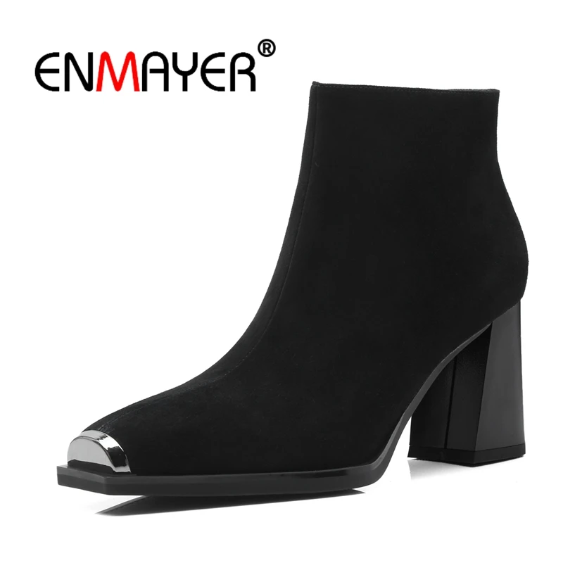 

ENMAYER Women Ankle boots Square Toe High heels Short boots Winter boots Thick heel Zipper Black Shoes woman Punk Leather CR1361