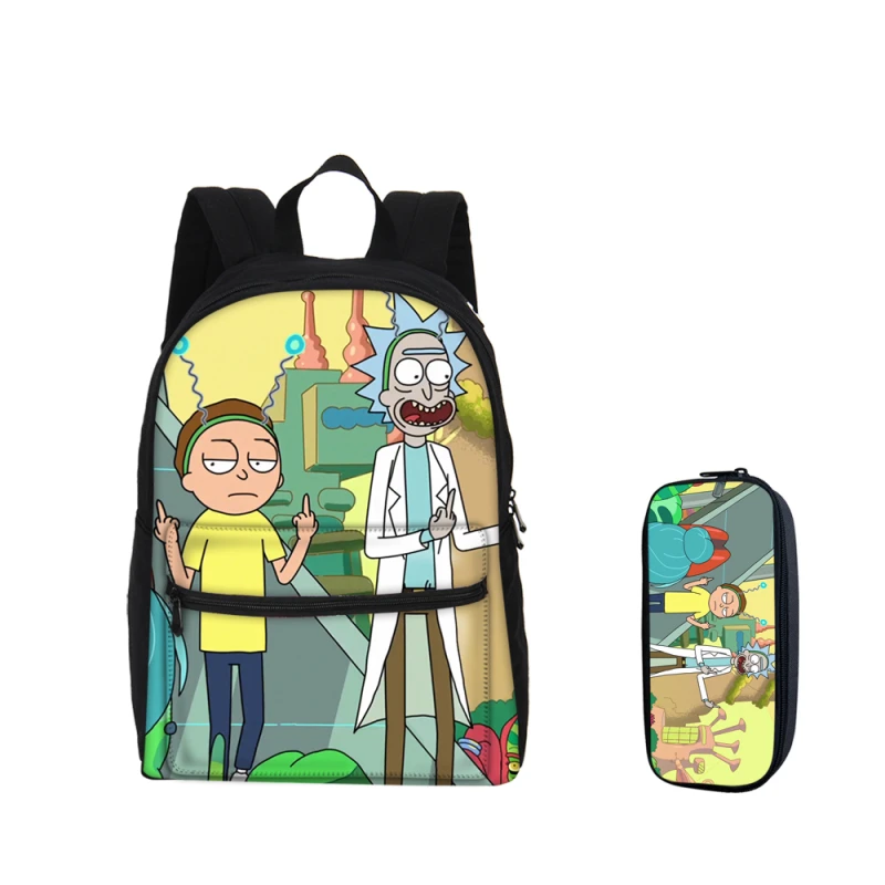 

2 PCS/SET Canvas Backpacks For Boys Girls Bookbag Cartoon Rick And Morty Prints Backpacks With Pencil Pouch Children Mochila