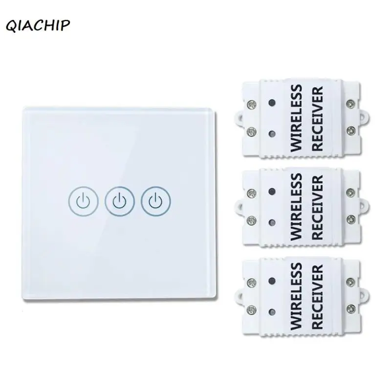 QIACHIP 433Mhz 220V Smart home 3 gang 3 Way Wireless Remote Control light Lamp Switch Crystal Glass Panel wall touch switch H3 qiachip 433mhz 86 wall switch 2 button remote control switch wireless transmitter switch room for smart home lamp light led bulb