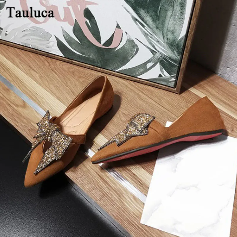 

Plus Size Crystal Woman Flat Shoes Elegant Comfortable Casual Bow Flat With Rhinestone Sheep Suede Shallow Mouth Female Shoes 42