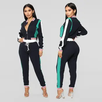 

2019 New Women's Cotton Polyester Full Zipper V-neck Drawstring Suit Hot Fashion Stitching Casual 2 Piece Set Woman Two Women