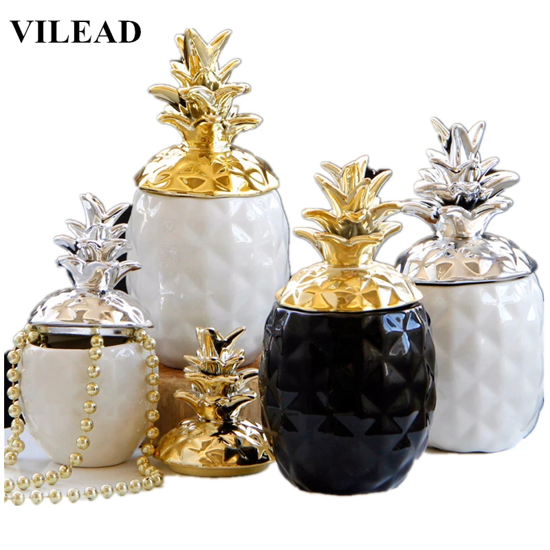 

VILEAD 6'' 8'' Ceramic Pineapple Figurines Black White Pineapple Storage Box for Jewelry Fruit Crafts for Office Home Decoration