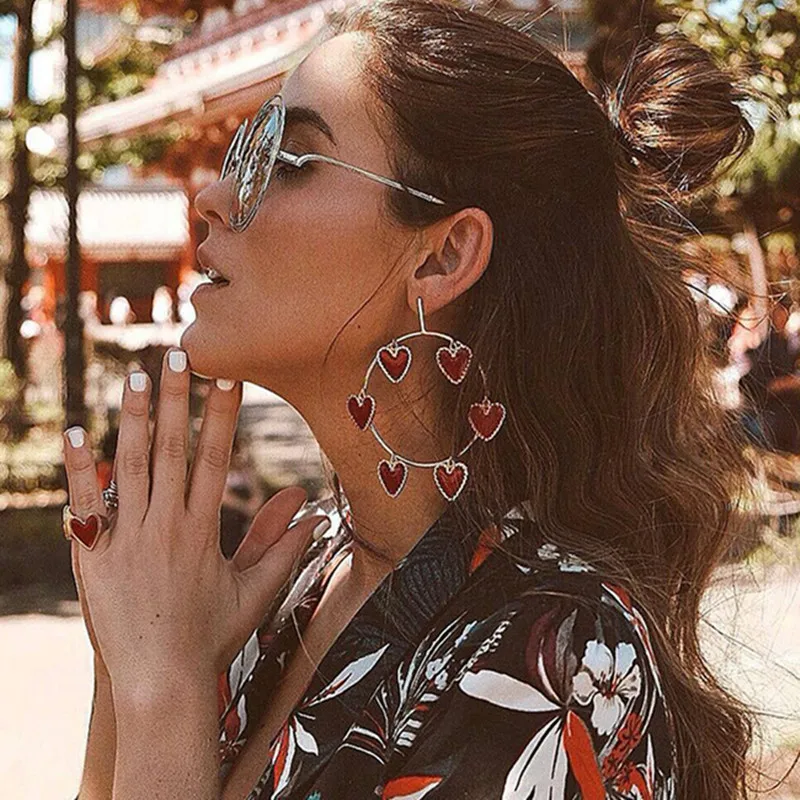 

DIEZI Exaggerated 2019 New Fashion Gold Red Heart Charm Big Round Circle Dangle Drop Earrings For Women Statement Earrings