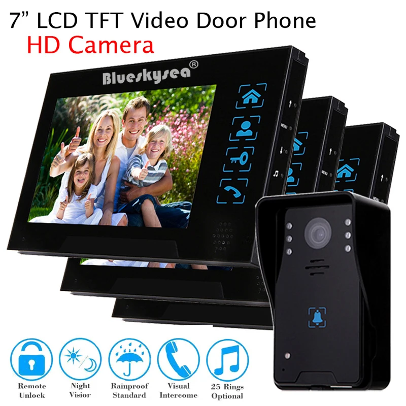 

Blueskysea 7" Wired Video Doorbell Home Intercom Door Phone Kit HD Camera+ 3Monitor System