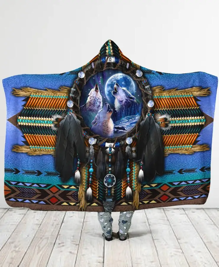 

Plstar Cosmos Birds Feather/Native/Buffalo Head Motifs Hooded Blanket 3D full print Wearable Blanket Adults men women style-2