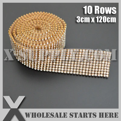 

3mm 10 Rows Crystal Rhinestone Band Trimming in Gold Base with Back Glue for Bridal Dress,Cake,Wine and Wedding