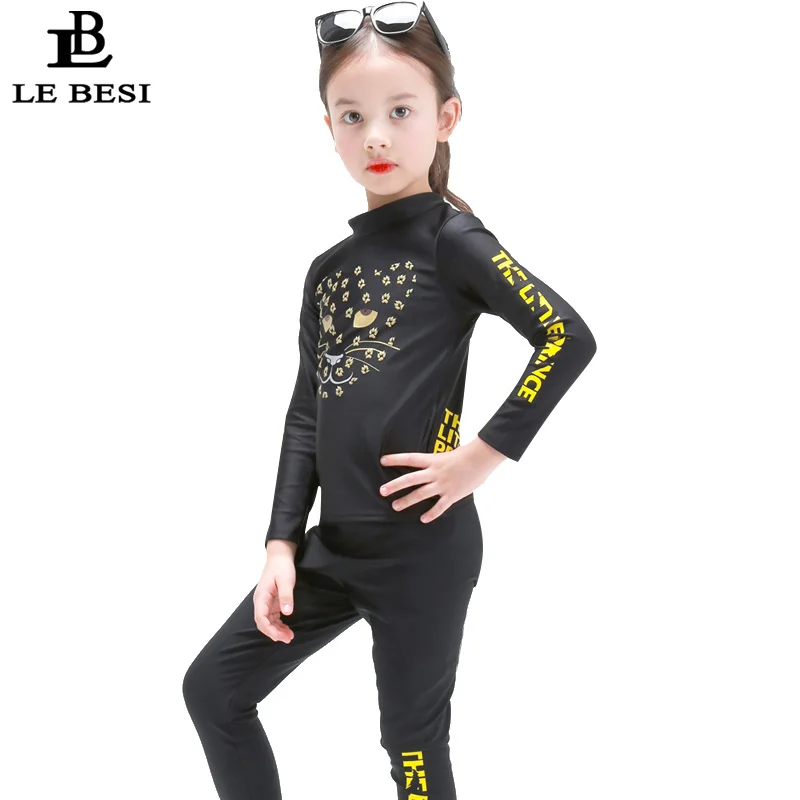 

LEBESI 2018 New Children's Swimsuit Girls 2 Piece Bathing Suit Black Color Long Pants Swimwear With Sleeve Beachwear
