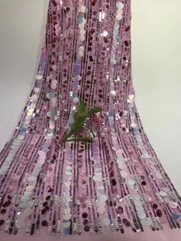 

High Quality 2019 Tulle Sequins African Lace Fabric Guipure Embroidered French Net Nigerian Lace Fabrics for Wedding PINK