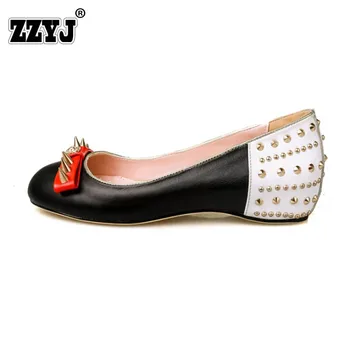 ZZYJ 2017 Brand Spring Summer Women Shoes Genuine Leather The increased Metal rivets Bow is casual shoes with flat sole Black