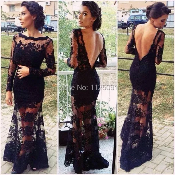 

New 2019 Kim Kardashian See Through Black Lace Long Sleeve Backless Black Floor Length Formal Celebrity Gown Evening Dress