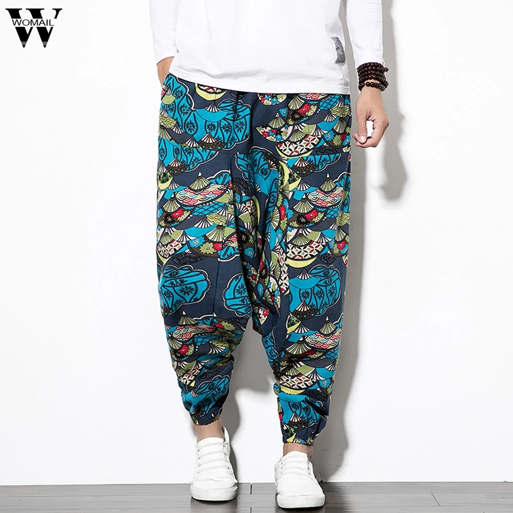 

Womail Vintage Style Men's Pants Casual Loose Cotton Linen Printing Patchwork Long Pant Harem Pants JL10 Pantalons pour hommes