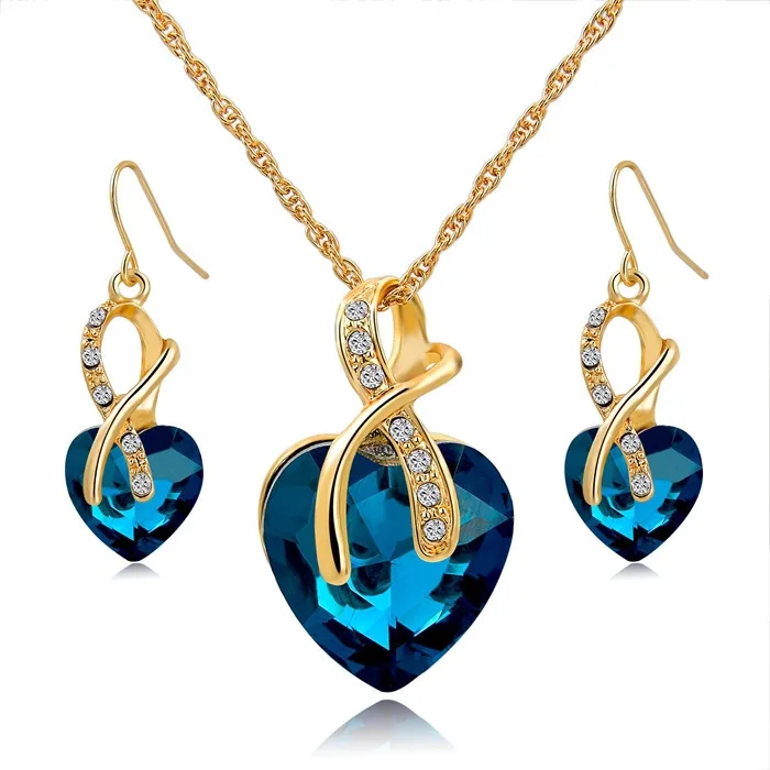 LongWay Австрийский Кристалл ожерелье серьги набор золотого цвета сердце кристалл набор украшений для женщин Помолвочные Ювелирные наборы SET140044