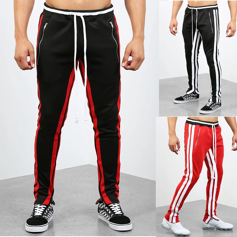 

Oversized Black Pocket Sweatpants For Men Casual Fitness Hip Hop Pants Fashion Joggers Streetwear Black Red Striped Pants Male