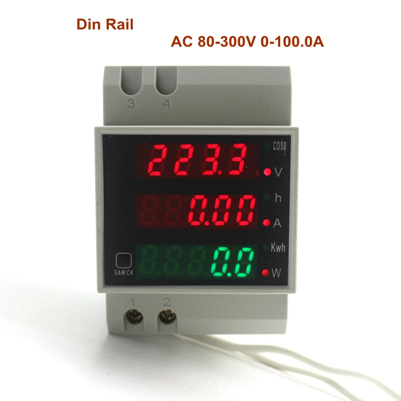 AC 80 300V 0 100.0A Din Rail LED Voltmeter Ammeter Red Blue Display Active Power Factor Energy