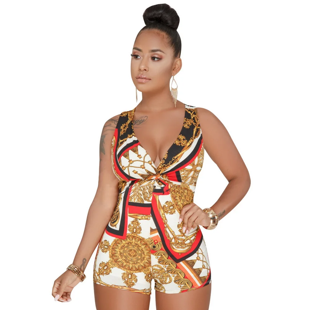 Wendywu/Золотая цепь Печатный пикантные Тощий Playsuit Для женщин глубоким v-образным вырезом комбинезон летний Femme без рукавов вечерние клуб ползунки