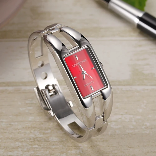 Женский модный раскошный ремешок для часов Брендовое женское платье Красочные часы женские прямоугольный из нержавеющей стали ремешок женские часы - Цвет: silver red