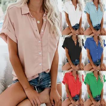 

New Summer Solid Color Women V Neck Short Sleeve Button Down Pocket Shirt Blouse