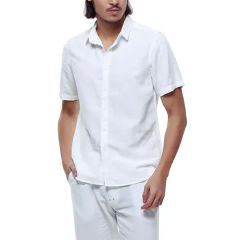 

2019 Summer Men's Baggy Cotton Linen Solid Short Sleeve Button Retro Tops Blouses hawaiian shirt camiseta hombre streetwear