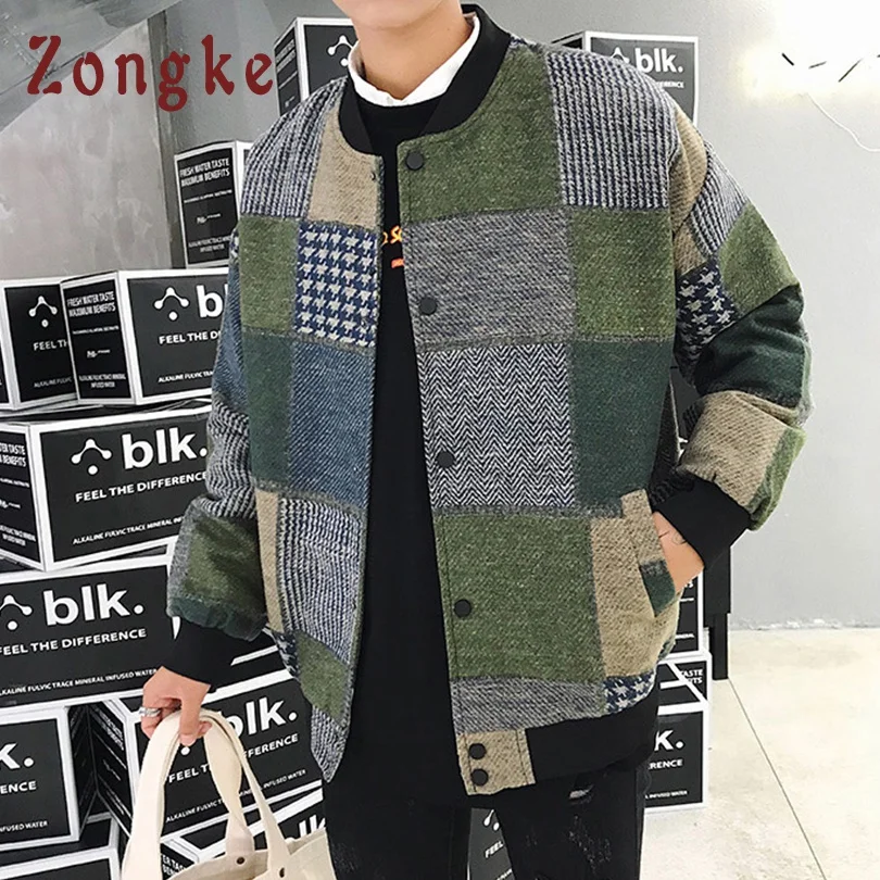 Мужская шерстяная куртка бомбер Zongke зимняя в клетку стиле хип хоп 5XL 2020|Куртки| |