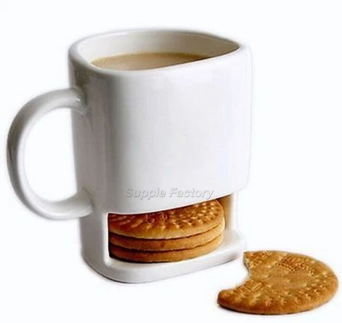 

60pcs/lot 250ML Ceramic Mug White Coffee Tea Biscuits Milk Dessert Cup Tea Cup Side Cookie Pockets Holder For Home Office