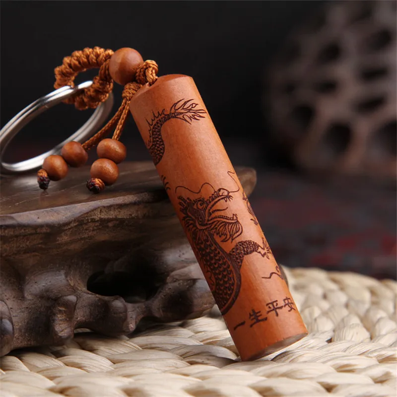 

Sangsy Vintage Dragon Keychains Men Key Chain Car Key Holder Ring Jewelry Handmade Cylinder Pendant Wood Gift High End Keychain