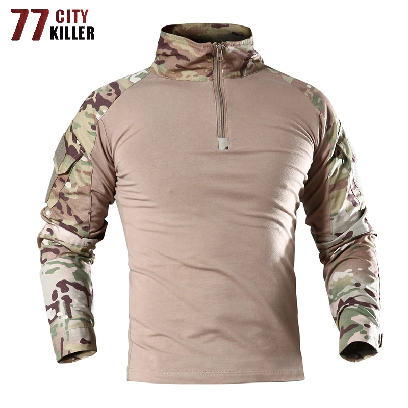 77City Killer Tactical Army T Shirt Men Combat Camouflage T Shirt Military Force Multicam Camo Long