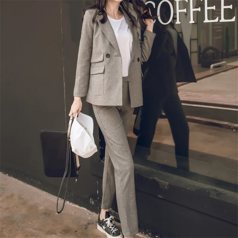 Женский комплект из 2 предметов, короткий серый однотонный блейзер+ штаны с высокой талией, офисный женский пиджак, брючные костюмы, корейские костюмы для женщин