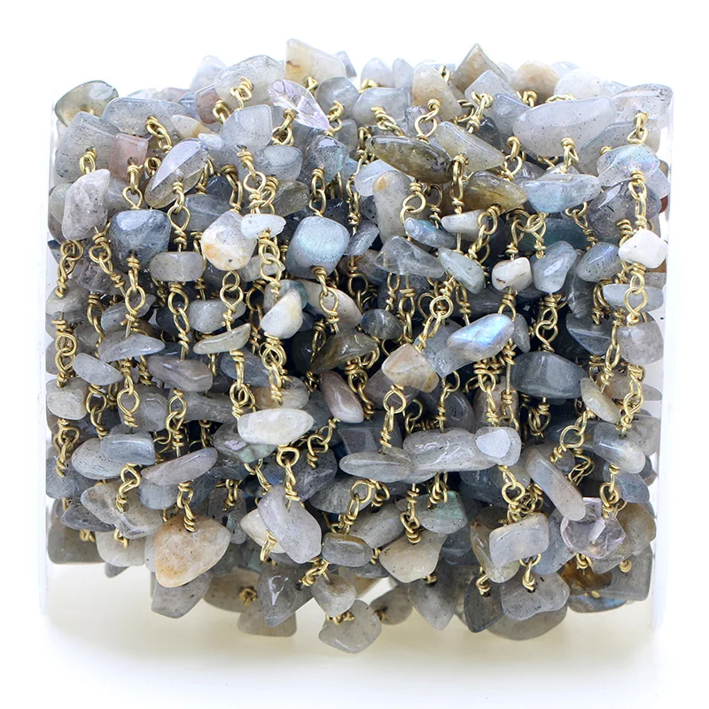

HanKun Labradorite Nugget Chip Beads Rosary Chain With Brass wire wrapped Rosary