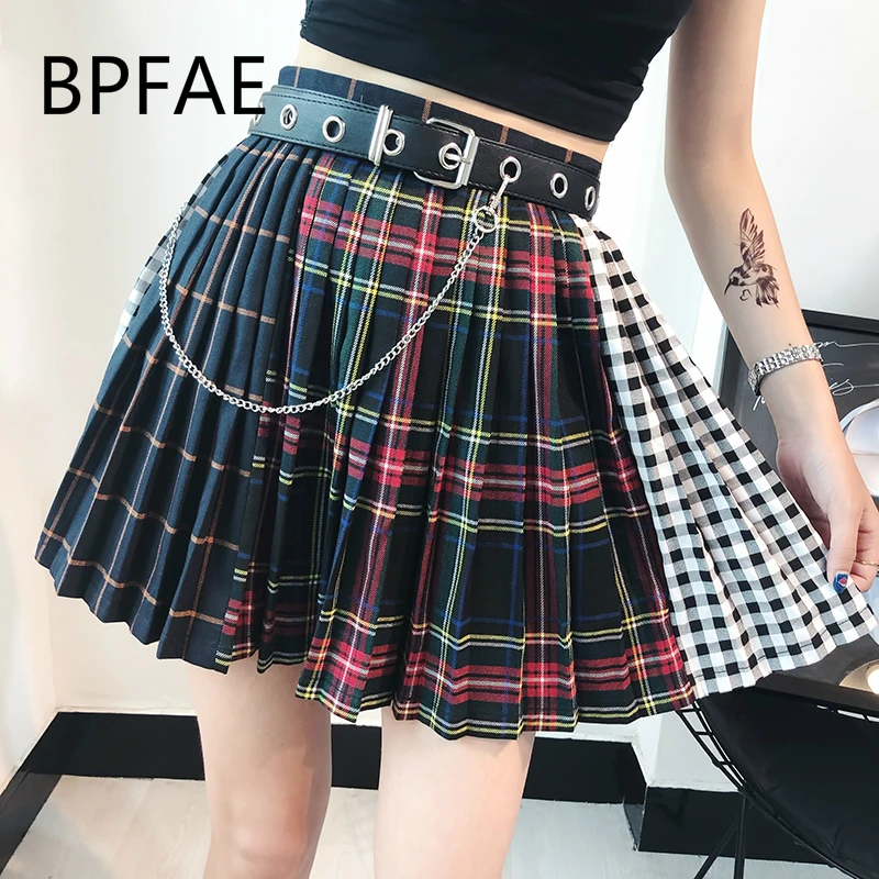 

2018 New Arrival Summer Autum Harajuku Gothic Multicolor Plaid Pleaded Skirts Punk Hip Hop High Waist Mini Culotte Skirt Femme