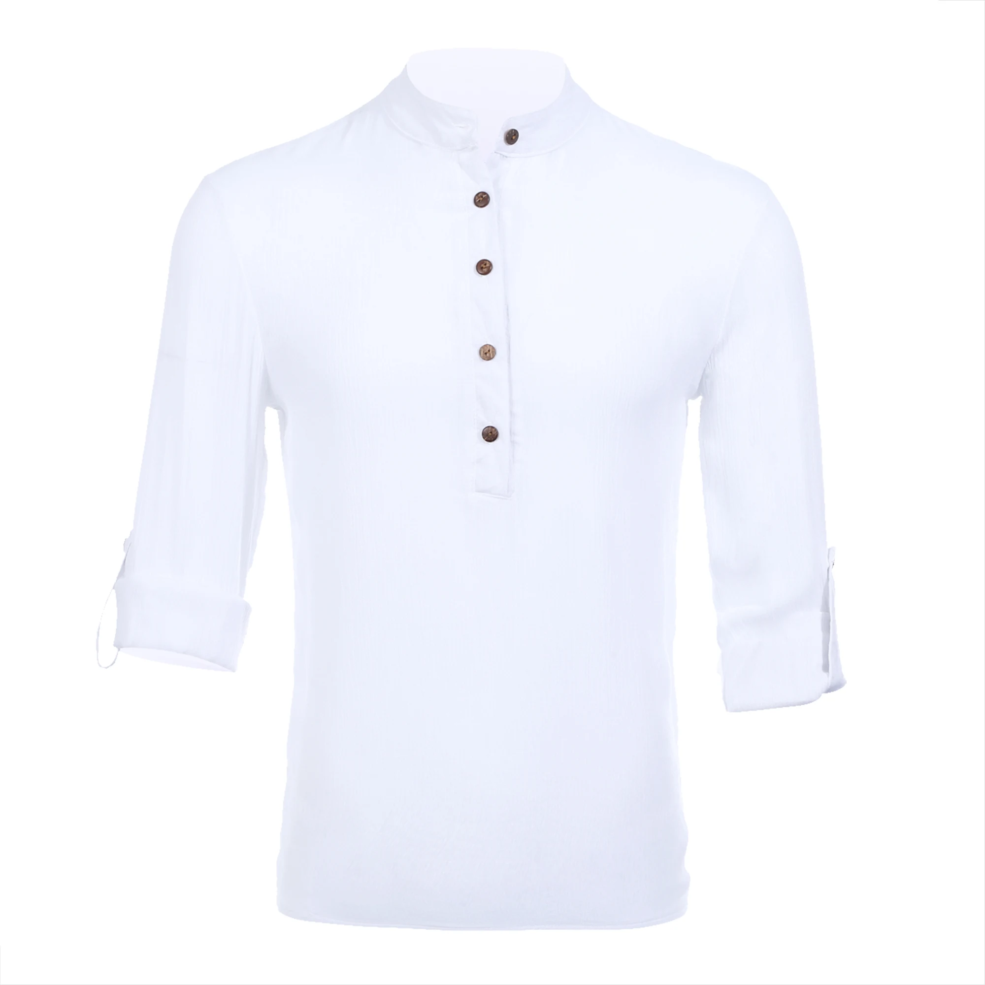 Linen Blend Cotton Shirts Men Mandarin Collar Slim Fit Plain Basic Casual Shirts - Цвет: Белый