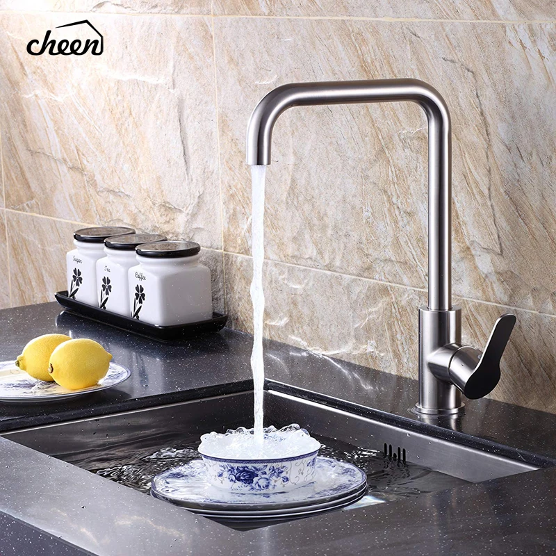 

Cheen Sink Kitchen Deck Mounted Faucet Single Lever Swivel Single Hole SUS304 Stainiless Steel Rotating Mixer Kitchen Tap Faucet