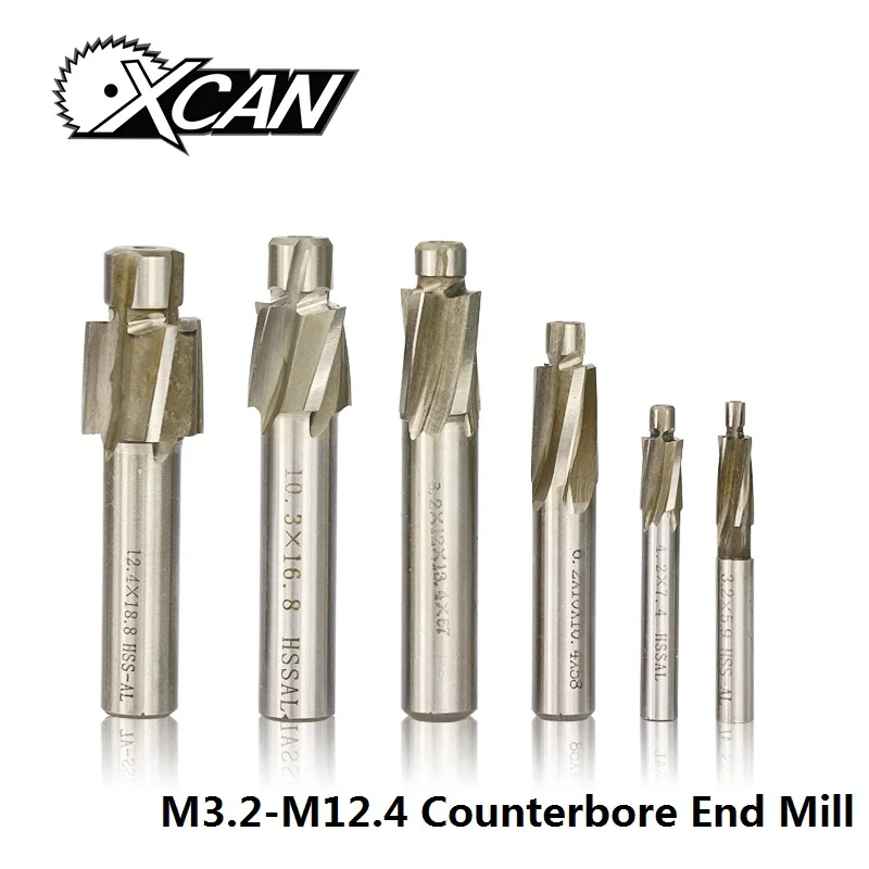 XCAN 1pc 4 Flute HSS Counterbore End Mill M3.2 M16.5 Pilot Slotting