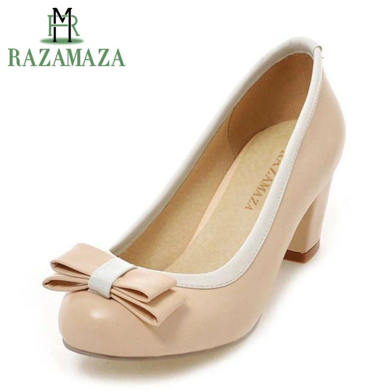 

RAZAMAZA Sweet Bowtie Women's Square Women Shoes High Heel Shoes Round Toe Spring Summer Shoes Large Size Pumps 33-43