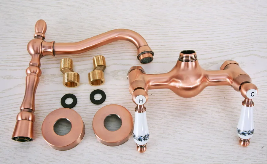 Antique Red Copper Brass Wall Mounted Bathroom Kitchen Sink Faucet Swivel Spout Mixer Tap Dual Ceramics Handles Levers anf952