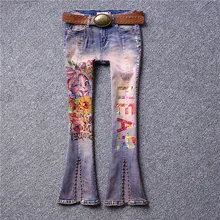 Новое поступление Сплит заклепки расклешенные джинсы, женские джинсы с цветочным принтом, женские джинсы