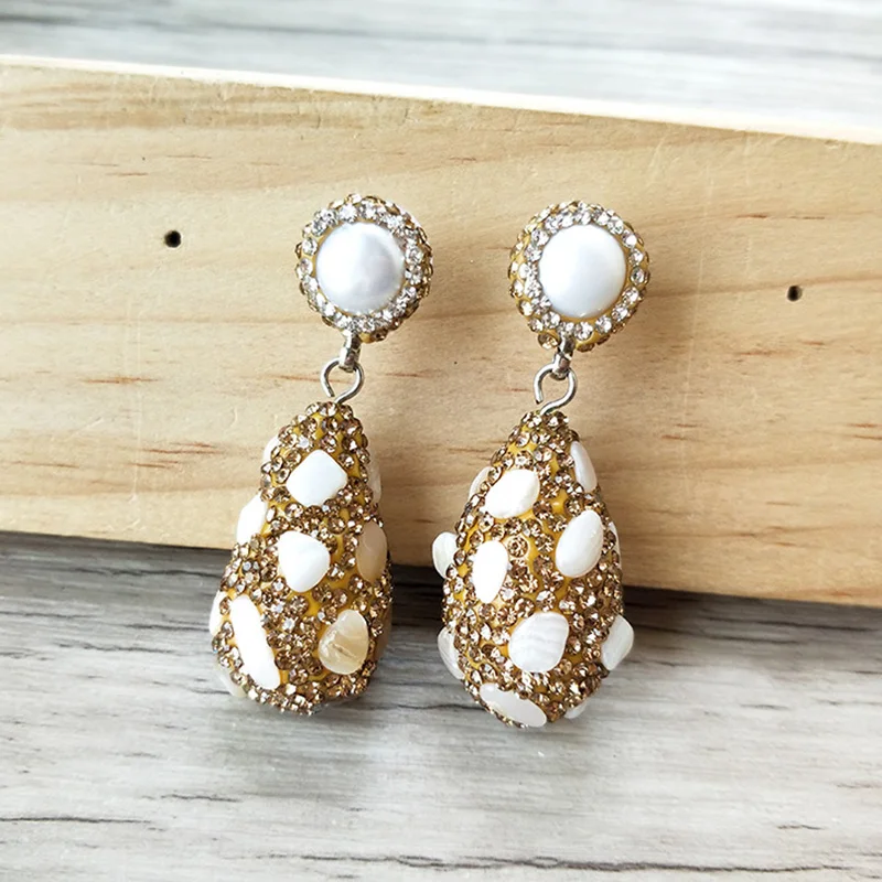 1 Pair Fashion drop shape Natural stone dangle Earrings handmade Pave Rhinestone pearl Charm Jewelry earrings ER762 | Украшения и