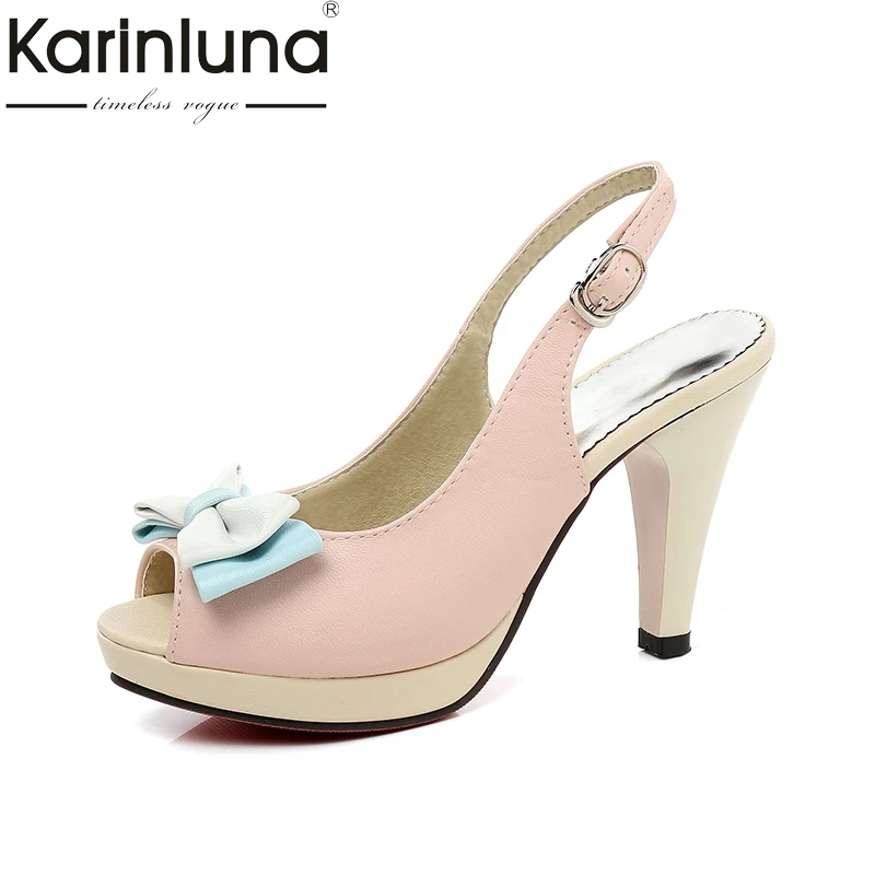 

Karinluna 2018 Summer Dropship Plus Size 31-45 Peep Toe Sweet Bow High Heels Sandals Women Mixed Color Party Date Shoes Woman