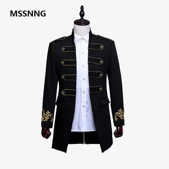 

MSSNNG Men Double-breasted England Style Long Slim Fit Blazer Design Wedding Groom Suit Jacket Mens Stage Wear Singer Costume