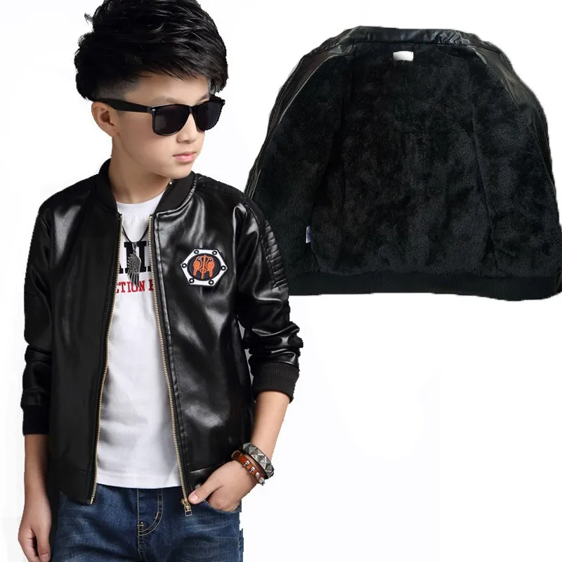 Teenage Boys Pu Leather Jacket New 2018 Kids Thick Plus Velvet Leather