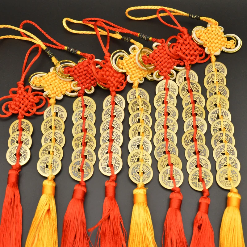 Красный китайский узел фэн-шуй талисман древний я Цзин медные монеты защита достатка удача домашний Декор автомобиля