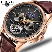 LIGE новые мужские полностью автоматические механические часы Tourbillon Роскошные модные брендовые мужские многофункциональные часы из натуральной кожи