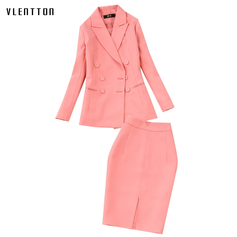 

2019 New Two Piece Set Women Double Breasted Long Sleeve Office Blazer jacket and Slim Skirt Woman Suit Spring autumn Pink Set