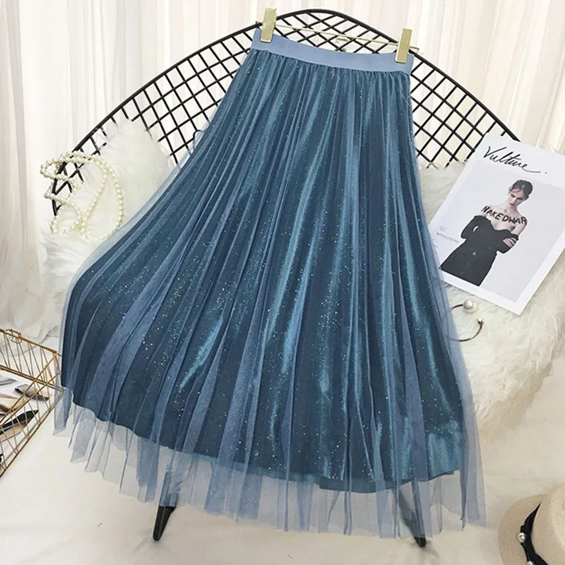 OHRYIYIE осенне-зимние модные бархатные тюлевые юбки с блестками, Женская плиссированная юбка с высокой талией, женские длинные юбки-пачки средней длины SK212