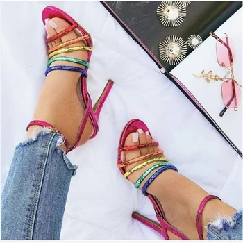 

2019 Newest Summer Women 11.5cm High Heels Colorful Rainbow Sandals Female Fetish Glitter Shoes Lady Valentine Cross Tied Pumps
