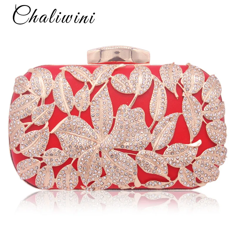 

Metallic Leaf Gold Lady Clutch Bag Red Beaded Wedding Toiletry Package Party Purse Pochette Bag Crystal Messenger Evening Bags