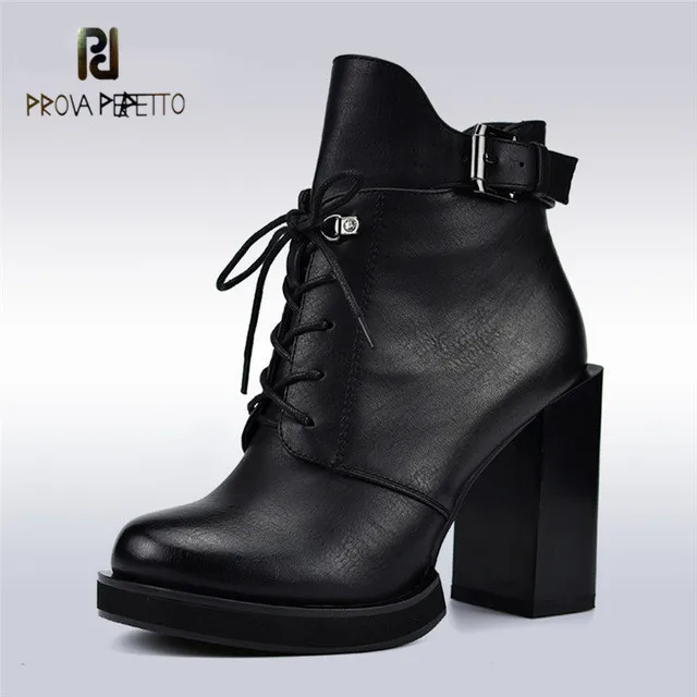 

Prova perfetto New Fashion Lace Up Women Boots Square High Heels Side Zip Buckle Strap Women Ankle Boots Autumn Winter Shoes