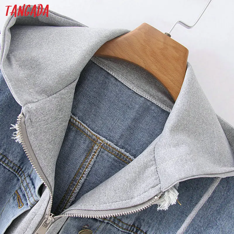 Tangada fashion women hooded oversized denim jacket casual style patchwork coat long sleeve pockets high street tops YD441