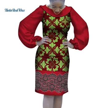

2019 Dashiki African Print Dresses for Women Bazin Riche Ankara Lantern Sleeve Lace Dresses Traditional African Clothing WY4258