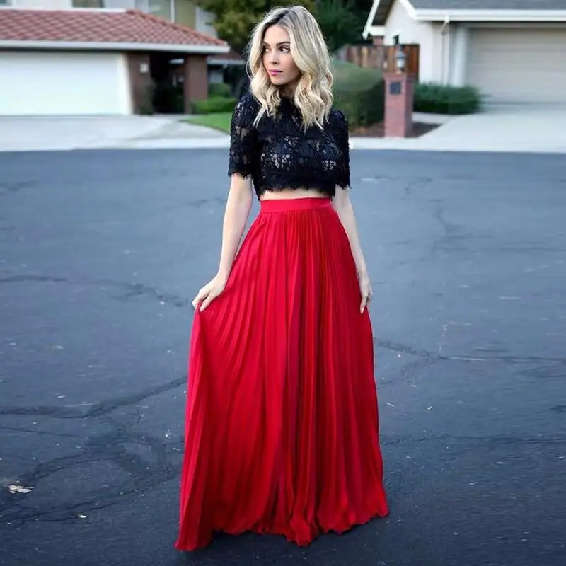 Летняя стильная шифоновая юбка высокого качества платье до пола женские юбки винтажная пляжная юбка в стиле бохо красная однотонная Saias