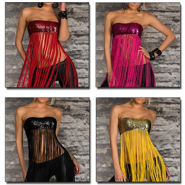 Sexy Women's Clubwear Erotic Sequin Long Fringe Tassel Tube Top Party